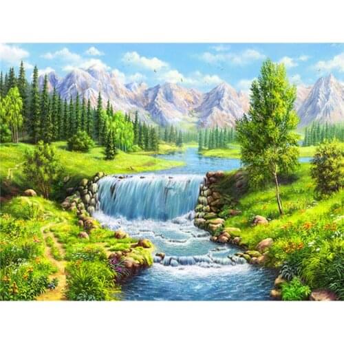 Gatyztory Green Tree River Painting By Numbers Canvas Colouring Landscape Wall Decor 60×75cm Handpainted Gift