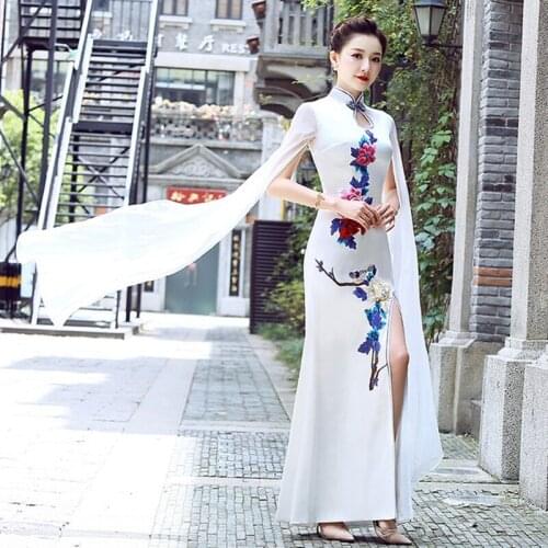 Chinese Traditional Cheongsam women Slim Thin Stage Catwalk Sleeve Performance Qipao Dress Women XL Long Mermaid Cheongsam Dress