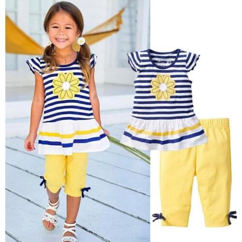 Toddler Kids Baby Girl Clothes Set Summer Korean Striped Daisy Print T-Shirt Mini Dress + Leggings Pant Suit Girls Outfits 2Pcs