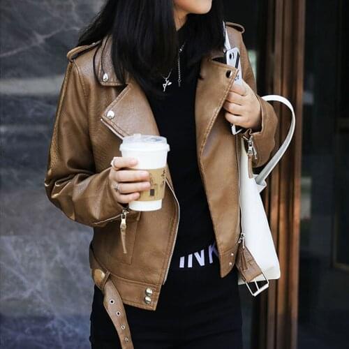 Spring 2021 Women Faux Leather Jacket Slim Black Leather Coat Motorcycle Biker Jackets with Belt Female Streetwear Short Outwear