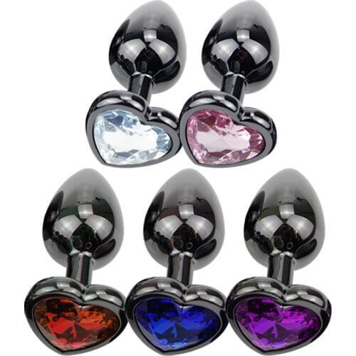 Small Black Metal Heart Crystal Anal Plug Booty Beads Heart Jewelled Base Smooth Anal Butt Plug For Men Women Couples