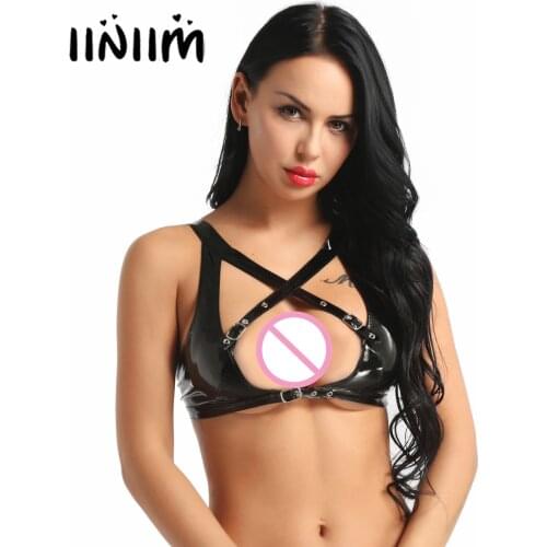 Womens Ladies Camis Tanks Wetlook Lingerie Sexy Club Exotic Tanks Leather Wire-free Femme Unlined Bra Top with Buckle Straps