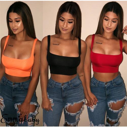 Sexy Women Solid Strappy Tank 2019 Vest Crop Top Summer Beach Party Sleeveless Slash Neck Tanks Woman Girls Bralette Tank Top