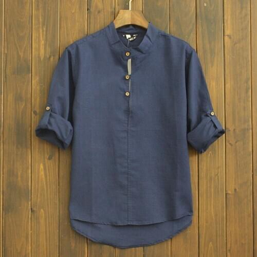 Spring Fall Casual Mens Navy Beige Long Sleeve Mandarin Collar Linen Blouse Shirt , Summer Men Single Breasted Buttons Shirts
