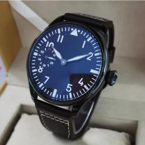 GEERVO No logo 44mm Black watch case Black Retro dial Manual mechanical mens Watch coffee strap ST3600-2 Movement G143