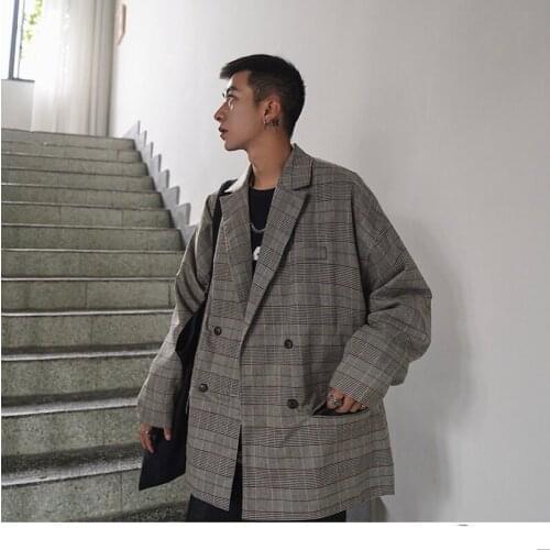 Male Loose Blazer Coats Tops Korean Checked Men Casual Blazers Autumn Man Fashion Plaid Jacket 2021 Harajuku