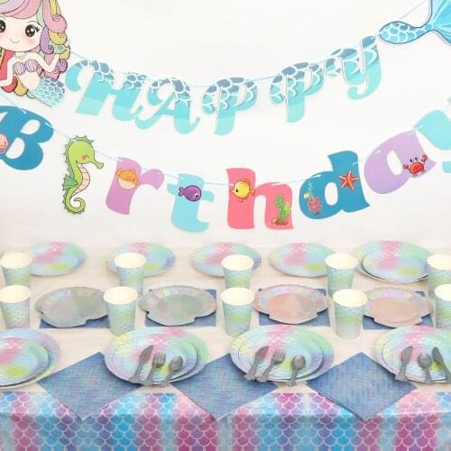 Mermaid Birthday Party Disposable Tableware Set Paper Cup Plate Tablecloth Napkin Little Mermaid Party Decorations