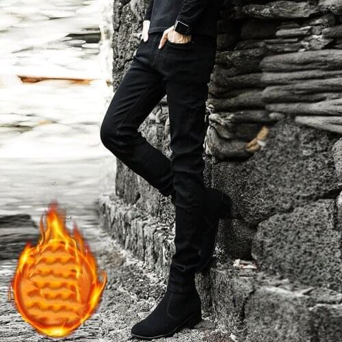 Autumn and winter 2021 Fashion mens stretch velvet thick jeans male feet black Korean tight pencil pants mens boots pants