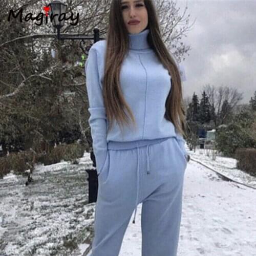 Autumn Winter Knitted Sweater Two Piece Set Pant Women Tracksuit Female Sport Suit Casual Turtleneck Warm Cashmere Clothing C486