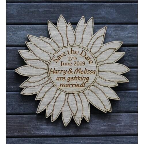 Sunflower Shaped Personalised Engraved Wooden SAVE THE DATE Fridge Magnets