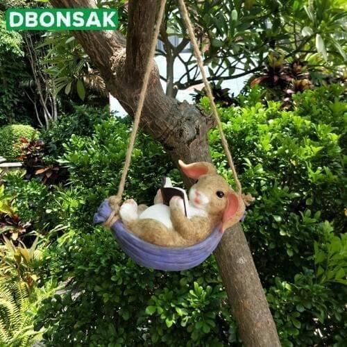 Swing Simulation Rabbit Resin Animal Swing Hanging Animal Sculpture Hemp Rope Pendant Decoration Courtyard Balcony Sill Decor