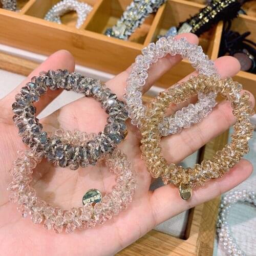 Full Crystal Pearl Hair Ties Rubber Bands Hair Accessories Bracelet Korean Boutique Rhinestone Headdress Hair Jewelry Wholesale