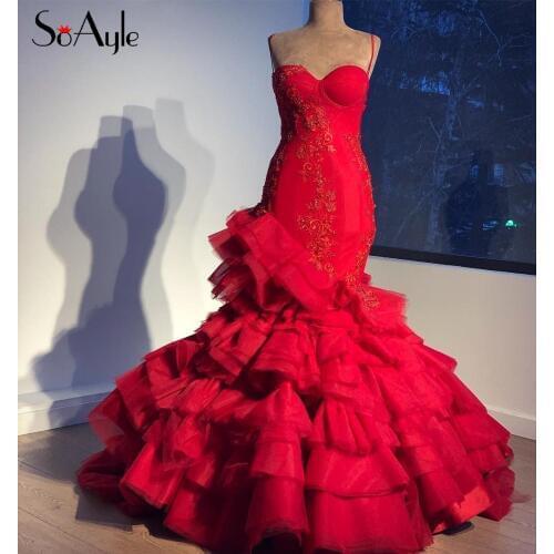 SoAyle Arabian Sequins Evening Dresses Beaded Mermaid Evening Dress Lace Appliques Ruffles Tiered Long Arabic Dubai Prom Dresses