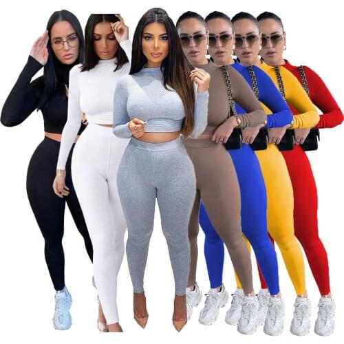Women Soid Color Tracksuits Mock Neck Long Sleeve Top And leggings Matching Set Two Piece Set Streetwear Sportswear Plus Size