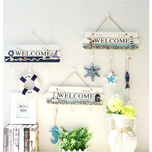 Mediterranean Wood Hooks Creative Blue WELCOME Card Coats Keys Hook Living Room Multifunction Wall-mounted Wall Decoration Racks