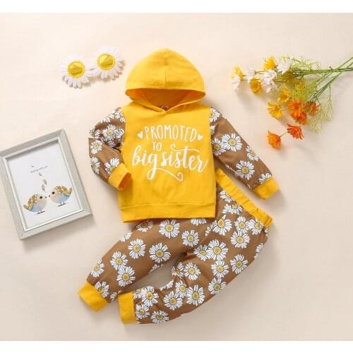 TELOTUNY Infant Baby Girls Long-sleeved Trousers Suit Letter Hooded Sweatshirt Tops+Floral Pants Outfits Set Kids Clothes
