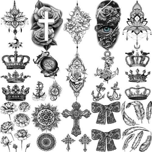 3D Lotus Pendant Cross Temporary Tattoos For Women Neck Arm Adult Men Crown Anchor Flower Bow Fake Tattoo Hand Small Tatoos