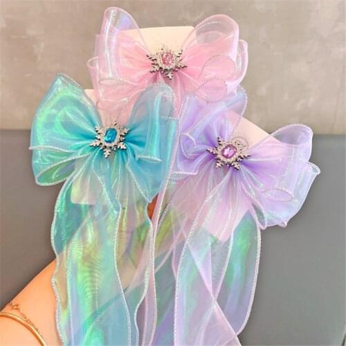 10pcs/Lot Kids Girls Princess Rhinestone Hair Clips Sweet Shiny Long Ribbon Streamer Bow Hairpin Ponytail Braid Holder Hairgrips