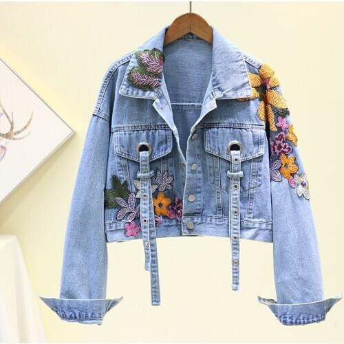 2021 Spring Handwork Sequins Flower Embroidery Short Denim Jacket Womens Autumn Fashion Plus Size Streetwear Casual Jean Jacket