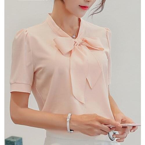 2019 Summer Korean style Women Short Sleeve T Shirt Female Chiffon bow-knot Solid Color Ladies White Shirts Plus Size Clothing