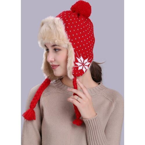 Lady Warm Pompom Fur Hat Girls Flower Earprotection Cap Outdoor Autumn and Winter Knitting Wool Cap Students Winter Hat B-8557