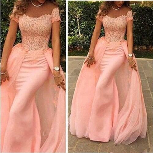 New Listing Scoop Neck Pink Off the Shoulder Prom Gown Short Sleeve Mermaid Long 2018 lace vestido de noiva bridesmaid dresses