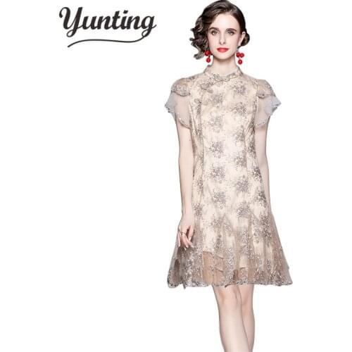 2021 Summer Runway Embroidery Lace Dress Robe Womens Stand Collar Short Sleeve Floral Vestido Mujer