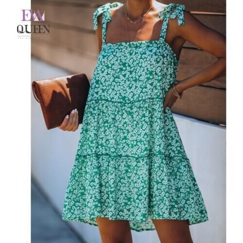 EvaQueen Green Floral Print Summer Dress Women Backless Patchwork Bow Spaghetti Strap Casual Mini Dress Sleeveless Vestidos 2021
