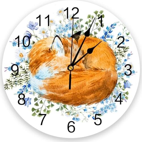 Animal Watercolor Sleeping Fox Silent Wall Clock Kitchen Living Room Bathroom Bedroom Office Decorative Hanging Clocks