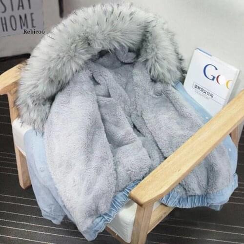 Winter Women Denim Fur Hooded Coat streetwear Lady Casual Jackets Parka Female Single Breasted Outwear