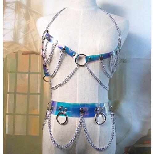 2018 Fashion Sexy Handmade Laser holographic Choker harness punk Collar belt Necklace Bra Spikes Chain torques club party
