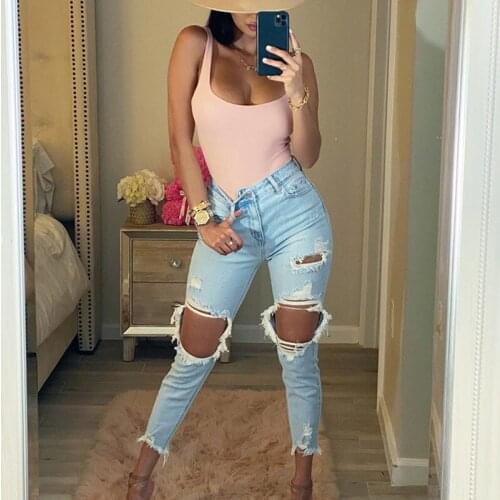 2021 New Sexy Ripped Light Blue Skin Fit Jeans for Women Oversized Plus Size 3XL Fashion Casual Hole Cotton Denim Trousers Ddlg