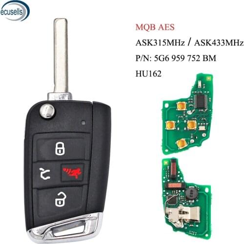 3+1 Button ASK315 / 433MHz Smart Key For VW 2015-2019 Golf GTI/MQB AES / PN:5G6 959 752 BM / HU162 With Recess