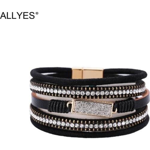 ALLYES Rhinestone Geometric Charm Leather Bracelets for Women Bohemian Multilayer Wide Wrap Bracelet Bangle Female Jewelry Gifts