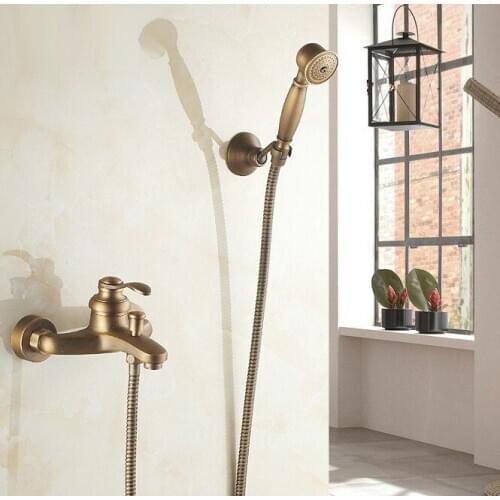 Antique Brass Wall Mounted Bathroom Single Handle Bathtub Faucet Tap Hand Held Shower set With Wall bracket &1.5m Hose atf303