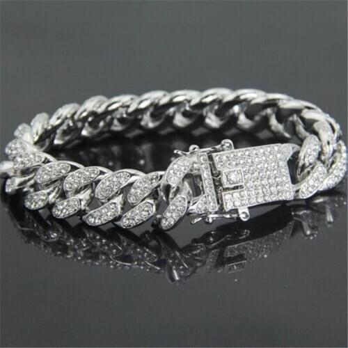 Full Rhinestone Iced Out Men Hip hop Bling Cuban Bracelet Paved Rhinestones Chain Bracelets For Women Men Jewelry CZ Link Chain