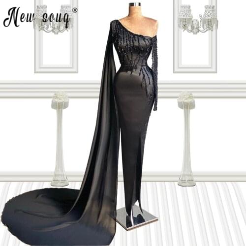 Black Beaded Evening Dresses Muslim One Shoulder Prom Gowns Middle East Longue Robes вечернее платье vestido de festa 2021