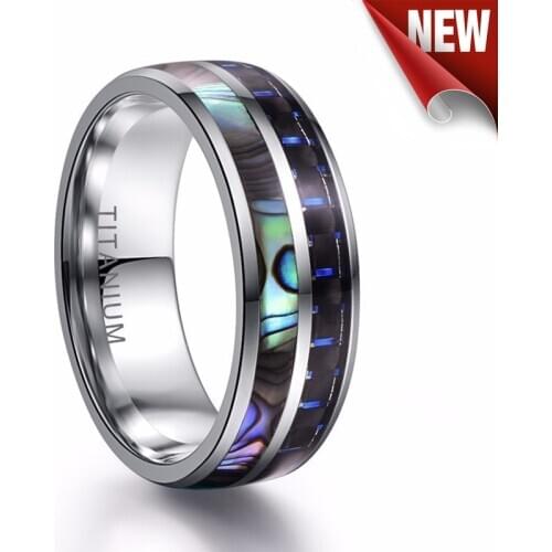 FDLK Luxury 8mm High Polished Inlay Abalone Shell & Carbon Fiber Ring Mens Stainless Steel Wedding Jewelry Size 6-13