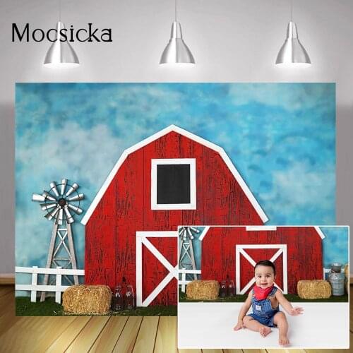 Farm Red Barn Photo Background Newborn Children Portrait Backdrop Straw Blue Sky Baby Birthday Cake Smash Photography Photocall