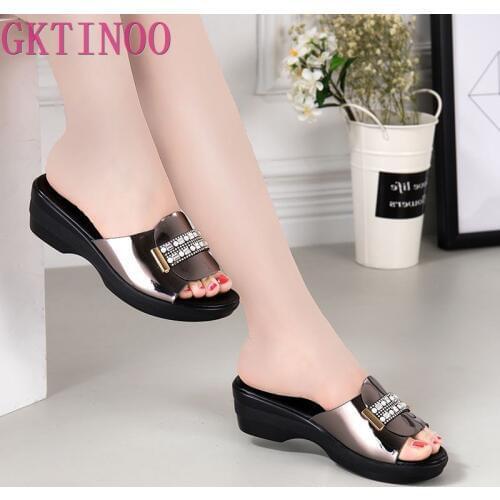 GKTINOO Rhinestone Summer Womens Slippers 2020 New Sandals And Slippers Fashion Womens Shoes Large Size 40-42 Genuine Leather