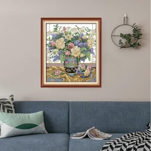 HUACAN Embroidery Flower Patterns Cross Stitch Kits White Canvas Home Decoration Needlework Sets 11CT 14CT DIY Gift