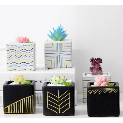 Ceramic Flowerpot Golden Pattern Creative Mini Garden Bedroom Desktop Creative Crafts Home Garden Succulent Simplicity Square