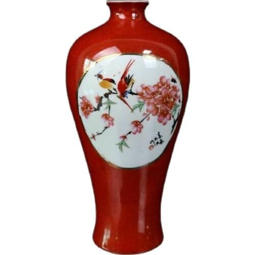 China old porcelain Red Glazed Pastel Flower and Bird Pattern Vase