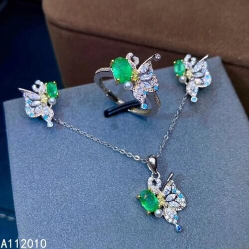 KJJEAXCMY Fine Jewelry 925 sterling silver inlaid natural gemstone emerald ring pendant earring set classic supports test