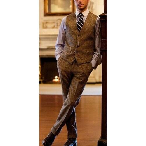 Latest Coat Pant Designs Brown Tweed Men Suit Slim Fit Tuxedo 2 Piece Custom Suits Groom Prom Blazer Terno Masculino Vest+Pant 6