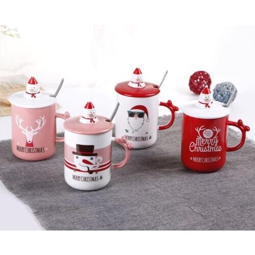 Creative ceramic mug Christmas water cup office water supply with cover and spoon gift set cartoon Mug Coffee Cup red white cup