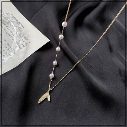 LANIWOO Pearl Fishtail Asymmetric Necklace 2021 Summer New Fashion Jewelry Elegant For Women Sweet For Girls Accessory