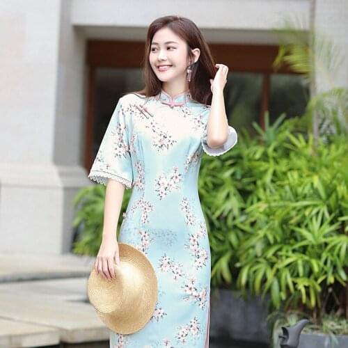 Fashion Modern Party Floral Print Cheongsam Women Summer Chinese Style Short Sleeve Qipao Plus Size S-3XL