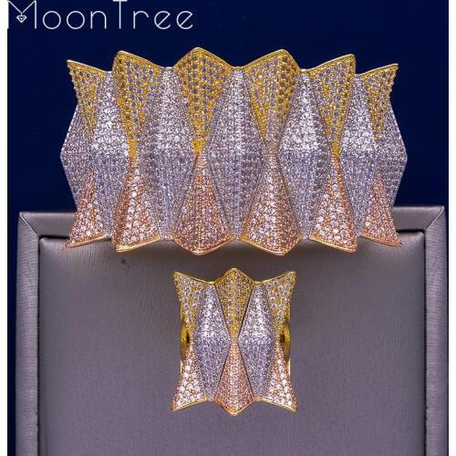 MoonTree Luxury Hedgehog Three Tones Big Size Cuff Bracelet Bangle Finger Rings Full Cubic Zircon Copper Hand Jewelry