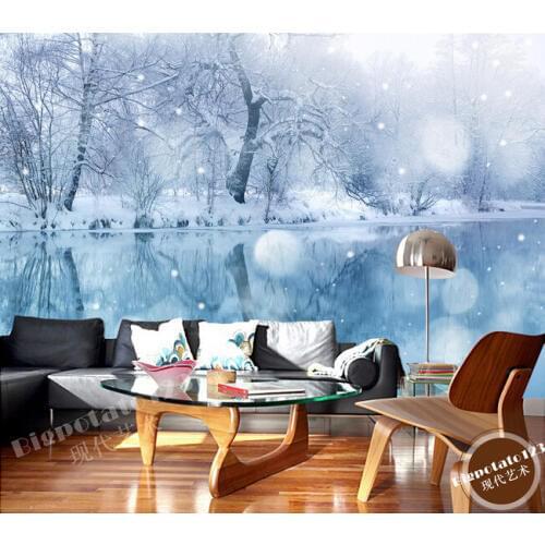 Custom 3D large murals,beautiful dream lake forest snow , living room sofa TV wall bedroom background wall paper